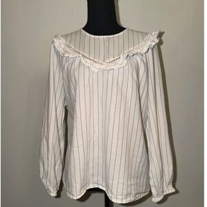 Madewell Prairie Ruffle Yoke Pinstripe Blouse White Navy Blue XL Cottagecore